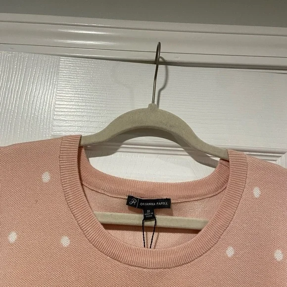 NWT Adrianna Papell Size 3X Pink White Polka Dot Knit Puff Sleeve Crew Sweater - Picture 11 of 12